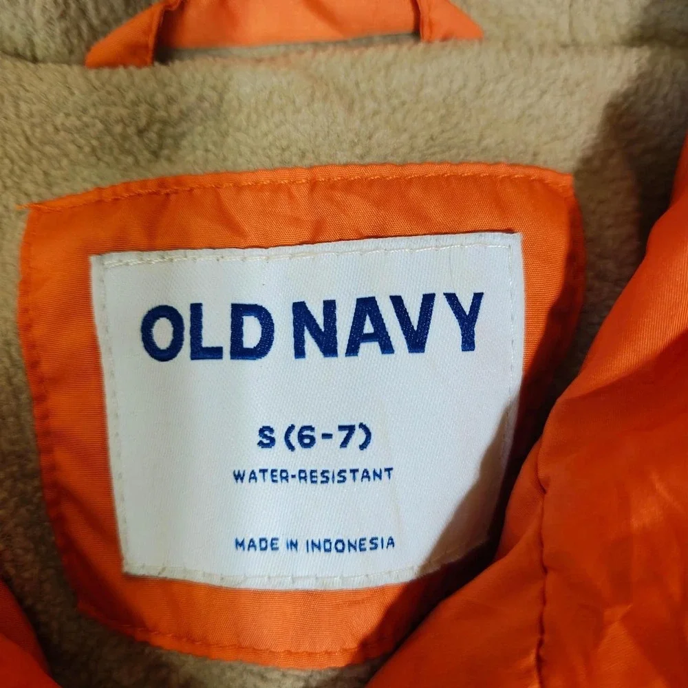 Old Navy Orange Puffer Jacket Hooded Water Resistant Quilted Coat Kids Small